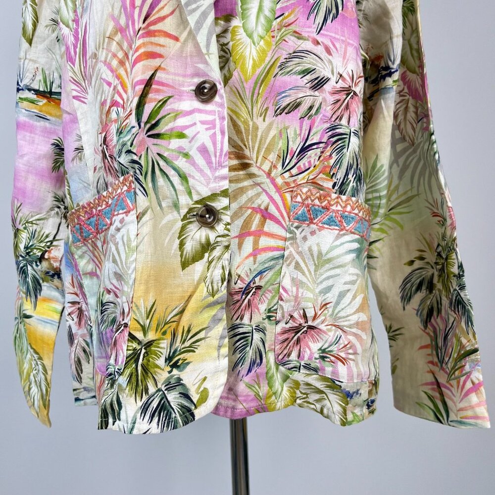 Johnny Was Linen Tropical Palm Blazer Floral Embroidered Boho Jacket Size S - Picture 4 of 16
